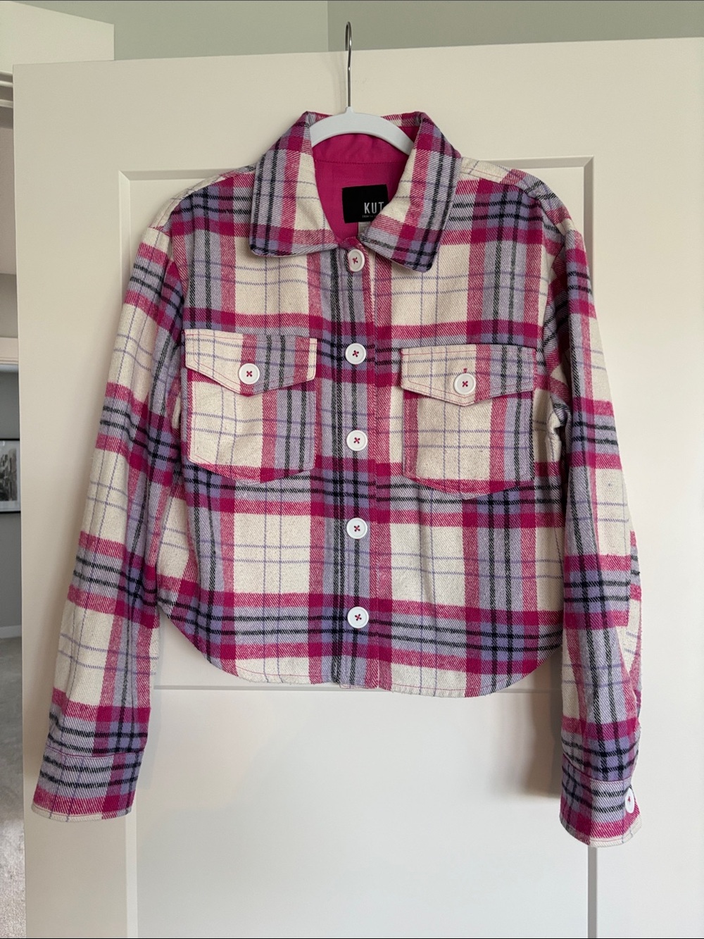 Kut from the Kloth Cream, Pink & Purple Plaid Button Jacket